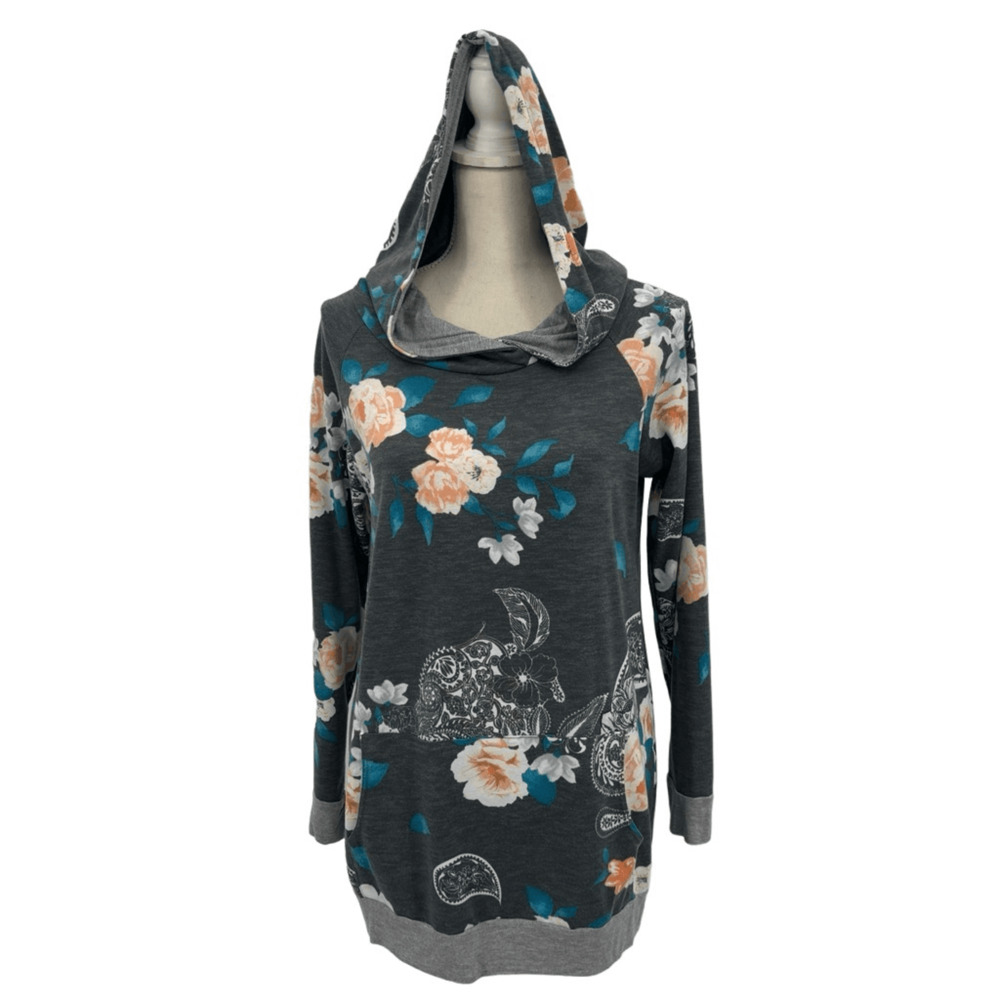 Egy California Charcoal Gray Floral Pocket Pullover French Terry Hoodie Medium